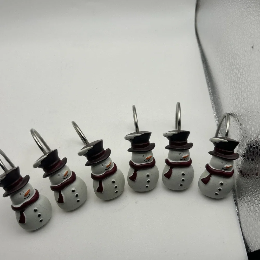 Snowman Shower Hooks Winter Christmas Lot Of 12 Hooks 6 Green Cap& 6 Red top-hat